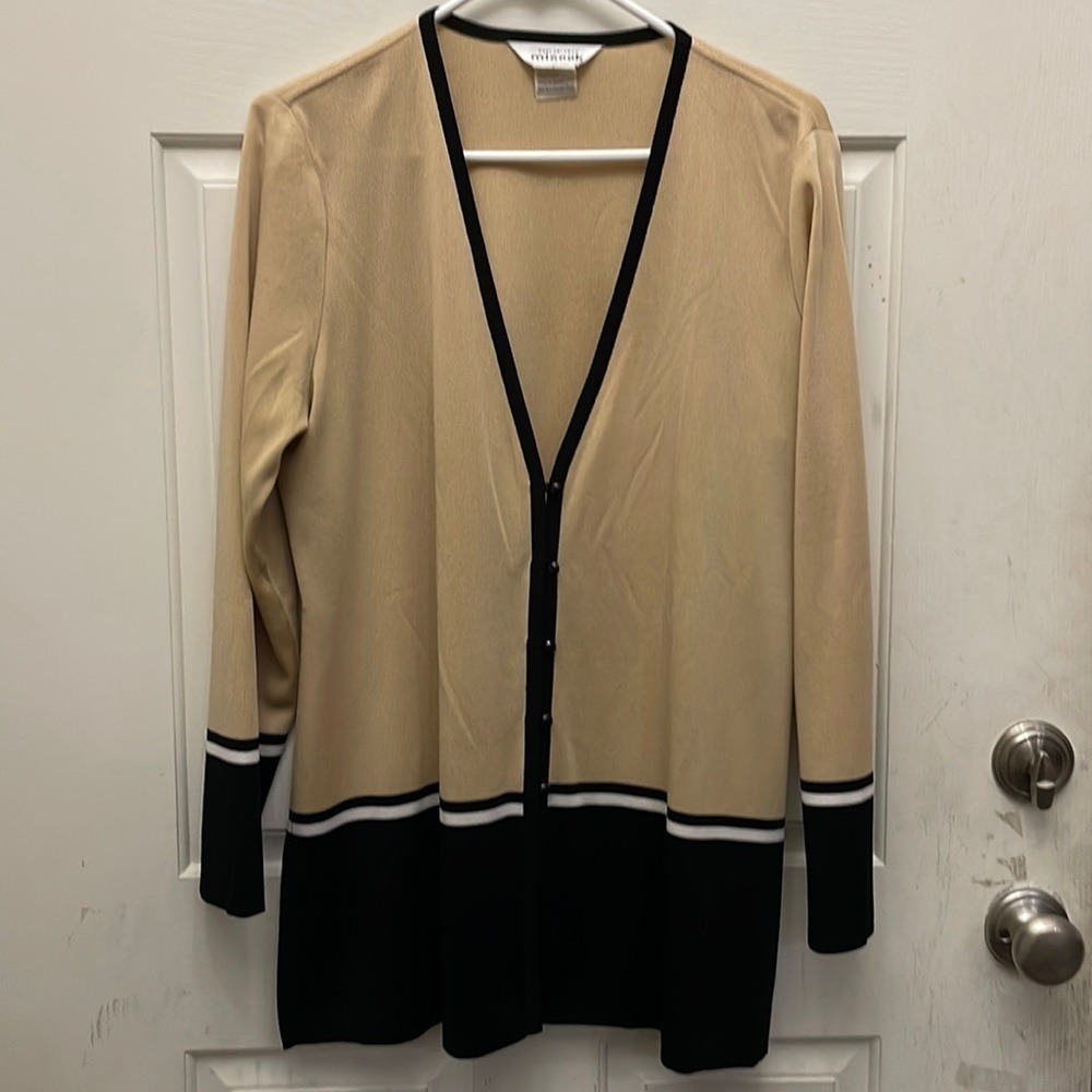 Exclusively Misook Cardigan Women size Large Tan Black Colorblock V-Neck Knit
